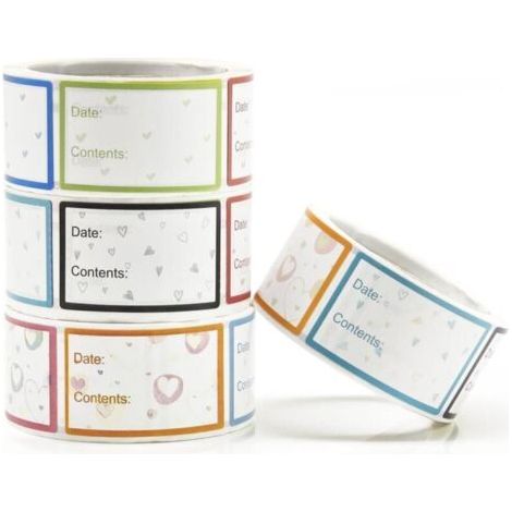 BUNTHAUS Lot de 4 rouleaux (500 pièces) d'étiquettes de congélation de 2,5 x 4,1 cm – Adhésif ultra puissant, imperméable et réutilisable pour le stockage des aliments, les bocaux et la préparation de
