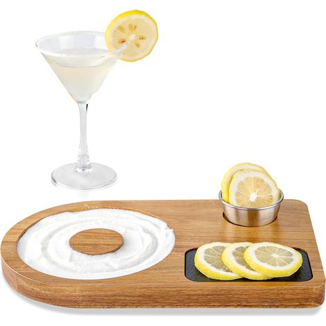 Ensemble de bord de sel en bois d'acacia Avec distributeur de sel / sucre, coupe-citron, planche à découper et bol Pour verres à cocktail jusqu'à 12,9 cm Accessoires de bar (1/5)