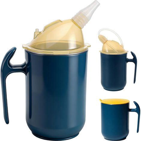 Gobelet 3 en 1 pour seniors, 400 ml, en acier inoxydable étanche, avec poignées et accessoires de nettoyage, pour patients et personnes handicapées. (1/5)