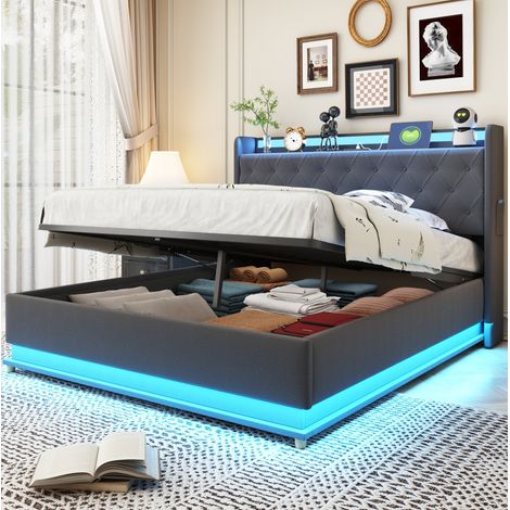 Polsterbett 140x200 mit Bettkasten, LED und USB Grau OKMYHOME (1/5)