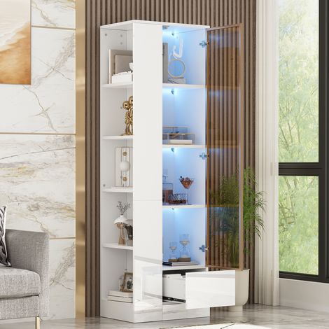 Vitrine avec porte vitrée et éclairage LED – meuble laqué brillant avec tiroirs et compartiments ouverts, offrant un grand espace de rangement pour le salon et la salle à manger, blanc, 50 x 35 x 160 (1/5)