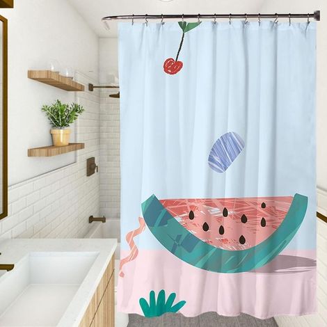 Rideau de douche en polyester, 120 x 180 cm, lavable en machine, lesté, séchage rapide, avec crochets, motif pastèque. (1/4)