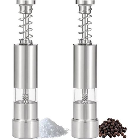 Macina sale e pepe in due pezzi in acciaio inox, riutilizzabile, utilizzabile con una sola mano, meccanismo resistente all'umidità, ideale per cucina e sala da pranzo. (1/5)