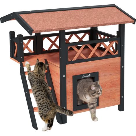 PawHut Outdoor Cat House w/ Balcony Stairs Roof Brown
