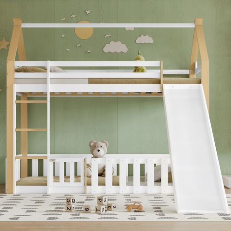 Lit superposé pour enfants, forme de toit raffinée, avec toboggan amusant pour enfant, espace libre avec clôture, sommiers à lattes stables et échelle, pin + MDF + contreplaqué, blanc + naturel, 90x20