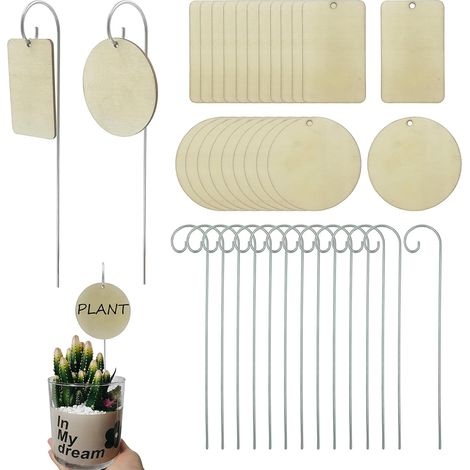 50 Set of Wooden Plant Labels with Hook for Outdoor Use with Earth Metal Bar for Vegetables Flowers Bonsai (Square, Round) (1/5)