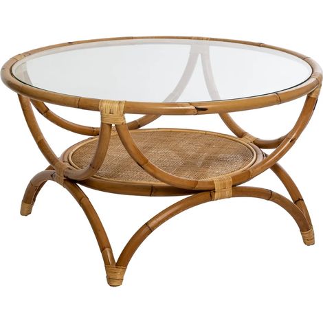Table basse avec rangements en rotin et verre trempé - Diamètre 90 x Hauteur 51 cm (1/5)