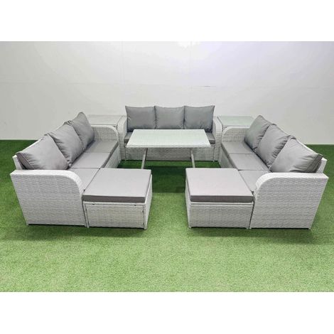 Fimous 11 Seat Outdoor PE Rattan Garden Furniture with Cushions 3 Seater Sofa 2 Side Tables 2 Big Stools Light Grey (1/4)