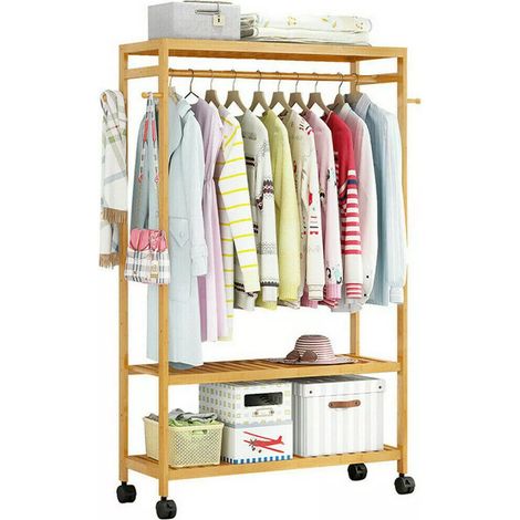 Kleiderständer auf Rollen Garderobenständer Bambus, offener Kleiderschrank mit Schuhablage Kleiderstange Haken, 80x35x165 cm (1/5)