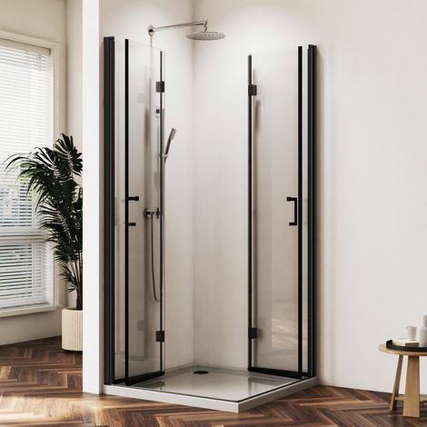 Duschkabine 100x75 cm Schwarz Falttür Eckeinstieg Duschkabine Eckdusche Drehfalttür Dusche Duschwand aus 6mm NANO ESG Sicherheitsglas, H:195cm