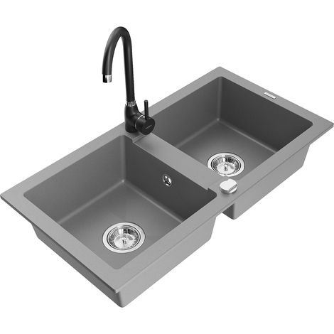 Mexen Mario 2-Becken-Granitspüle mit Mischbatterie Telma, Grau - 6504-71-670200-70 (1/5)