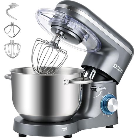 Robot Pâtissier 1400W, Bol 6,2L en Acier Inoxydable, 6 Vitesses, Fouet, Crochet et Batteur Inclus, pour Pâtisserie et Boulangerie (Gris) (1/5)