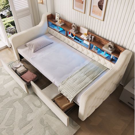 Cama infantil 90x190 cm con LED, cabecero con almacenamiento, 2 cajones, carga integrada, terciopelo - beige (1/5)