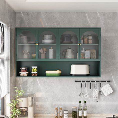 Armoire murale à quatre portes en verre de 120 cm, verre gris, pour la cuisine, le salon, la salle de bains, vert foncé (1/5)
