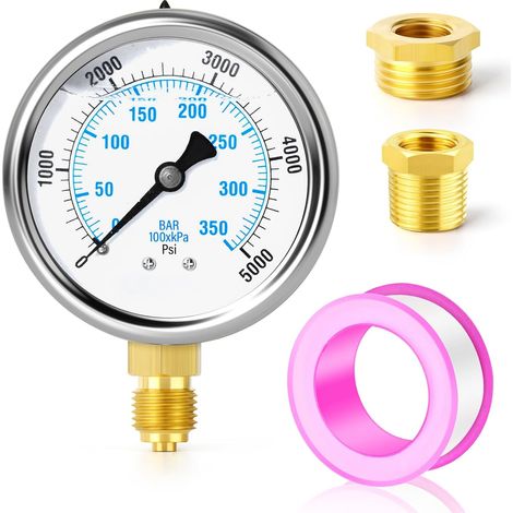 0-350 bar/0-5000 PSI Stainless Steel Liquid Pressure Gauge 1/4" BSP 2.5" DIAL FACE, Bottom Mount with Brass Hex Sockets 3/8" x 1/4" and 1/2" x 1/4" WOG Water Oil Air (1/5)