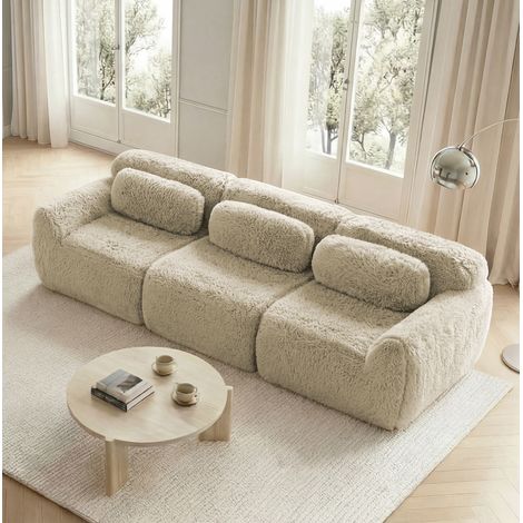 Sofá modular de 3 plazas en tejido afelpado, sin montaje, beige claro DESVIAE (1/5)