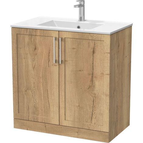 Stonnall Traditional Floor Standing 2 Door Vanity Unit with Minimalist Ceramic Basin, 800mm, Autumn Oak