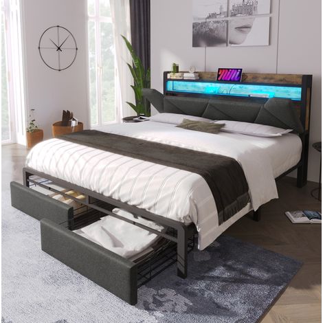 Lit avec rangement en lin gris 140x200 cm, tête de lit avec USB-C, LED, 2 tiroirs et sommier à lattes métalliques (1/5)