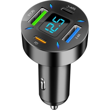 Schwarzes Autoladegerät, 3,85 x 3,85 x 6 cm, 1 Stück, vier Anschlüsse: PD + QC3.0 + USB-C + 2,4 A, Schnellladung, Echtzeit-Spannungsanzeige (1/5)