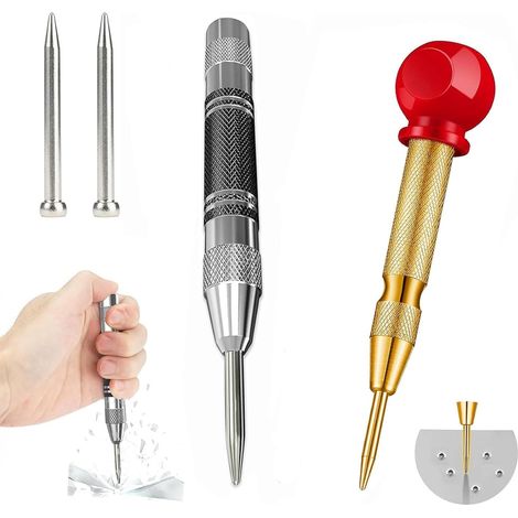 Lot de 1 poinçons centraux automatiques en métal avec aiguille traceur et 2 pointes de rechange, outil de trou central avec effet ressort réglable à une main (1/5)