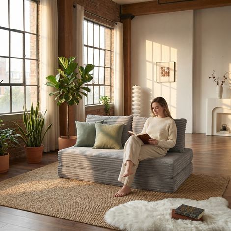 Canapé convertible 2 places tissu satiné – Canapé-lit au sol sans structure rigide – Gain de place – 140x200 cm – Pour salon appartement et chambres d'amis – Gris (1/5)