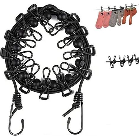 1 Corde à linge élastique portable, fil coupe-vent rétractable et réglable avec 12 pinces, pour le camping et le séchage en extérieur. (1/5)