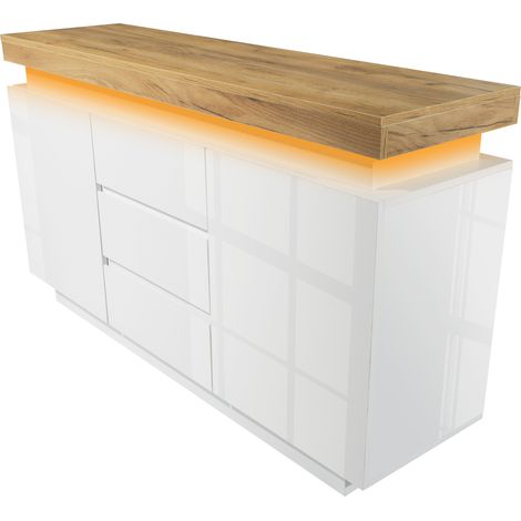 Cassettiera bianca lucida con 2 ante, 3 cassetti e LED, 140 x 39 x 81 cm (1/5)