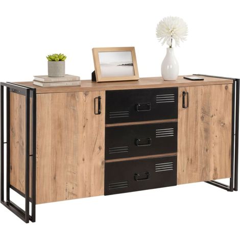 Credenza Cimaron: 3 Schubladen, 2 Fächer, Türen, Schiebetüren, 160x45x80h cm, Eiche Braun