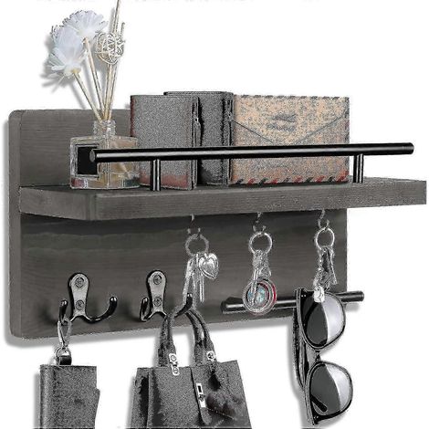 Porte-clés mural avec 5 crochets, porte-clés mural, porte-clés avec rangement pour courrier, organiseur de courrier en bois avec étagère, décoration intérieure de style champêtre. (1/5)