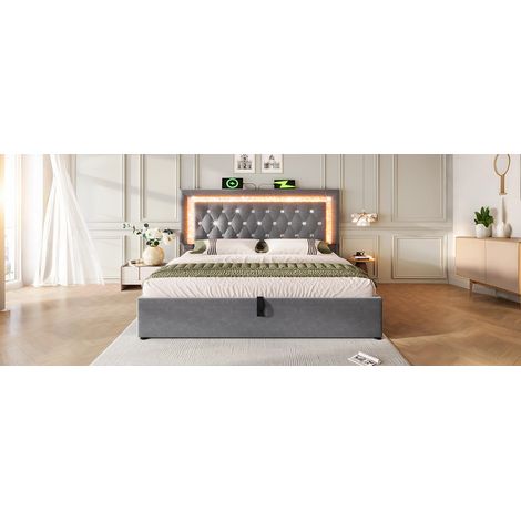 Cama tapizada 160x200 cm de terciopelo gris con LED, USB y almacenaje, sin colchón – MEUBLIV (1/5)