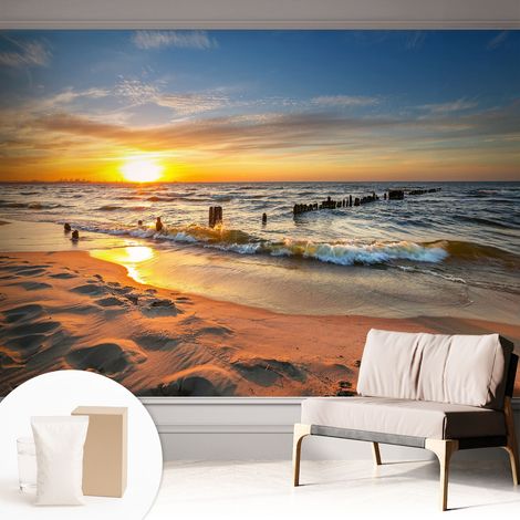 Papier peint intissé décoratif avec motifs pour salon et chambre a motif - Colle incluse gratuite Coucher de soleil sur la plage 312x219 cm (1/5)