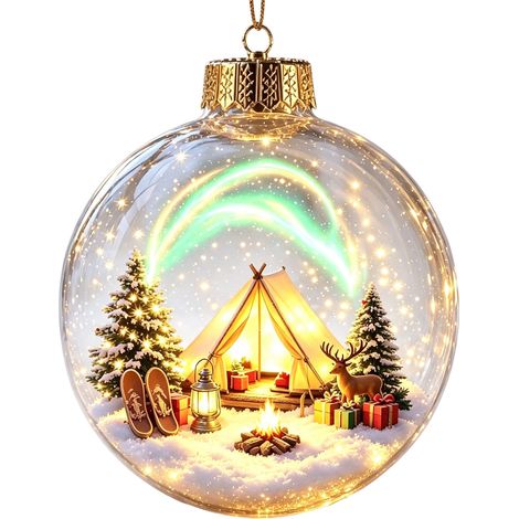 Boule à neige lumineuse 3D en acrylique transparent, décoration à suspendre au sapin de Noël avec le Père Noël et son traîneau de rennes (1/5)