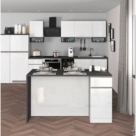 WHOUS Isola Cucina SOLE con 2 ante e 2 cassetti, tavolo da pranzo e piano di lavoro, ideale per open space e spazi ridotti, 160x90x90 cm, bianco lucido e report (1/5)