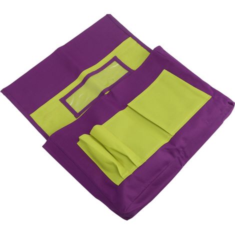 Sac de rangement pour dossier de chaise d'élève avec poche pour étiquette nominative, coloris violet/jaune, idéal pour la maternelle. (1/5)