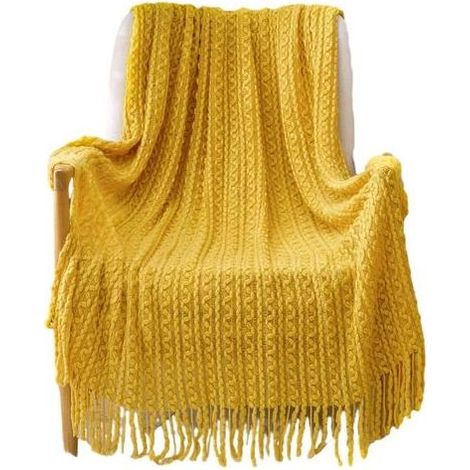 Couverture bohème tricotée à pompons, jaune, format 127 × 180 cm, douce et décorative (1/4)