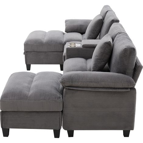 U-förmiges 4-Sitzer-Sofa aus grauem Cord mit Stauraum, Becherhaltern und USB-Anschlüssen (1/5)