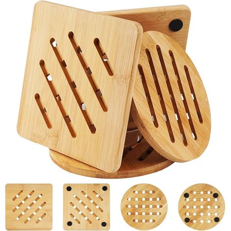 Dessous De Plat Bambou Résistant À La Chaleur, Dessous De Plats Bois Antidérapant, Sous Plat De Table 2 Ronds Et 2 Carrés pour Théières, Bols (1/5)