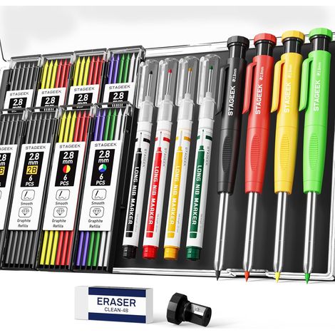 Lot de 4 crayons de charpentier avec taille-crayon, crayons de menuiserie robustes avec 52 recharges, pointe longue à trou profond pour marquage d'architecte et de construction avec étui (1/5)