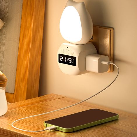 Veilleuse LED rotative à 350 degrés avec protection oculaire, commande intelligente, affichage de l'heure et multiprise (blanche à double usage) (1/5)