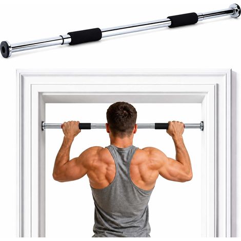 Relaxdays Barra de dominadas extensible para marco de puerta, 60–100 cm, 200 kg, sin taladrar, acero plateado (1/5)