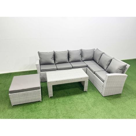 Fimous 7 Seater Garden Outdoor Rattan Furniture Set Rattan Corner Sofa Oblong Coffee Table Set with Big Footstool Light Grey Mixed (1/4)