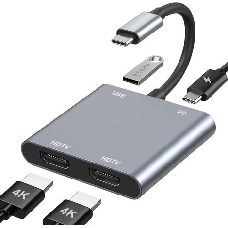 Adaptateur USB C vers Double HDMI 4K@60Hz, Hub USB C 4 en 1 avec 2 4K HDMI, PD 100W, USB 3.0, Adaptateur Multiport Type C pour MacBook Pro/Air, iPad, Surface, HP, Dell, Chromebook (1/5)
