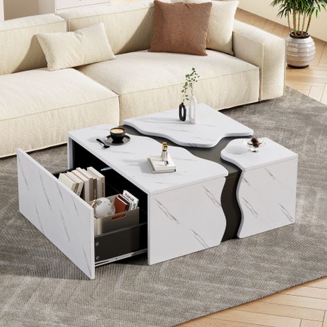 Mesa de centro para salón, 70 x 70 x 31 cm, diseño cúbico geométrico, mesa auxiliar con cajón, mesa de chapa de mármol de forma única, mesa de centro, mesa de almacenamiento, mesa de juegos.