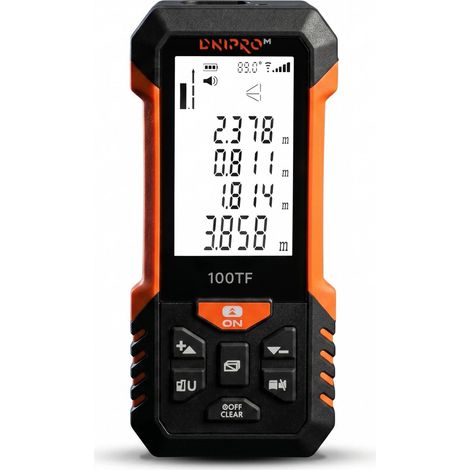 Dnipro-M Medidor Telémetro Láser Digital 100m – Distancia, Área, Volumen y Pitágoras, Ángulo Digital 0-90°, Memoria 20 Mediciones, Precisión ±1,5mm, Pantalla LCD, IP54, Profesional – 100TF