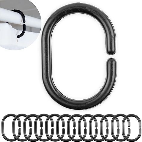 Anneaux pour Rideaux de che, 12 pièces, en Noir, Taille 46 x 29 mm, Anneaux de che en Plastique Robuste, Crochets de Assez pour Tiges de courtine de Bain, Boucle de Rideau de averse Noirs (1/5)
