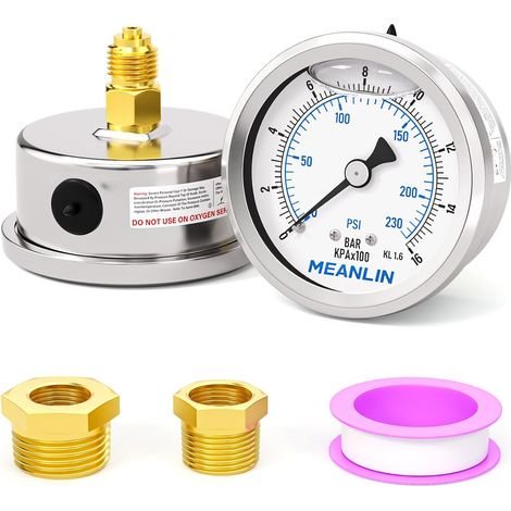 0-16bar/230PSI Stainless Steel 1/4" BSP 2.5" DIAL FACE Liquid Filled Pressure Gauge WOG Water Oil Air Rear Mount, with Hex Socket 1/4" x 1/2" BSP and 1/4"x 3/8" BSP (1/5)