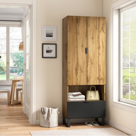 Garderobenschrank 180x65x38 cm Natur/Schwarz aus Spanplatte mit Kleiderstange, Schublade und verstellbaren Einlegeböden (1/5)