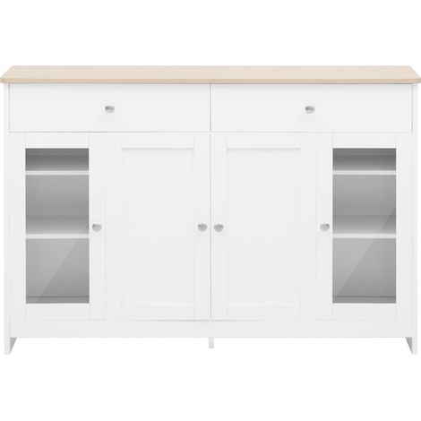 Aparador buffet de MDF blanco y madera con 4 puertas de cristal y 2 cajones HOMVRA (1/5)