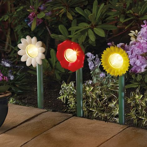 Solar Flower Path Lights Set of 3 Outdoor Garden Stake Lights, Waterproof LED Pathway Lights for Borders, Patio & Pots