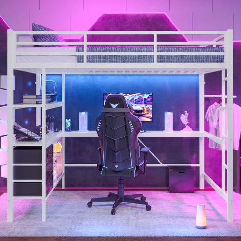 Lit mezzanine avec éclairage LED, bureau, prise électrique + port USB, 3 tiroirs, étagères, rambarde et escalier. Matelas non inclus.